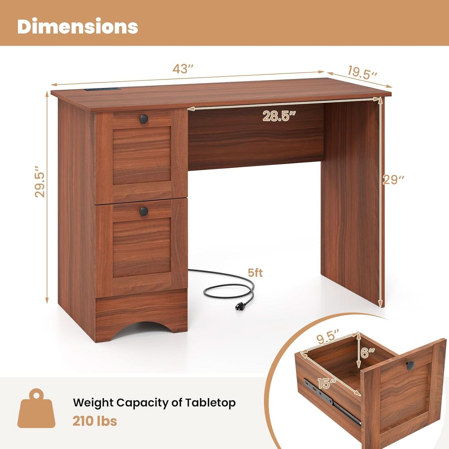 43 Inch Walnut Computer Desk With Charging Station
