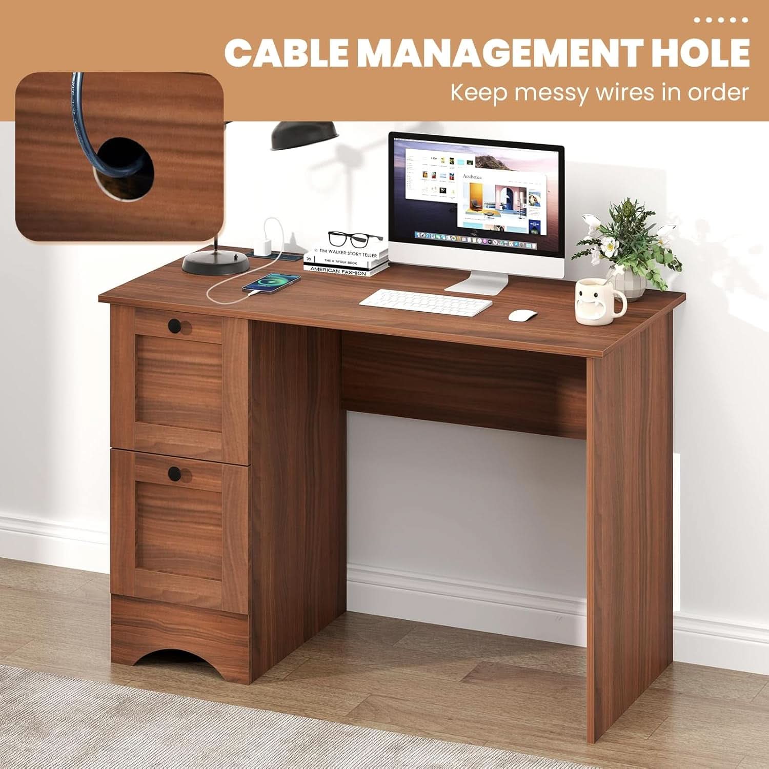 43 Inch Walnut Computer Desk With Charging Station