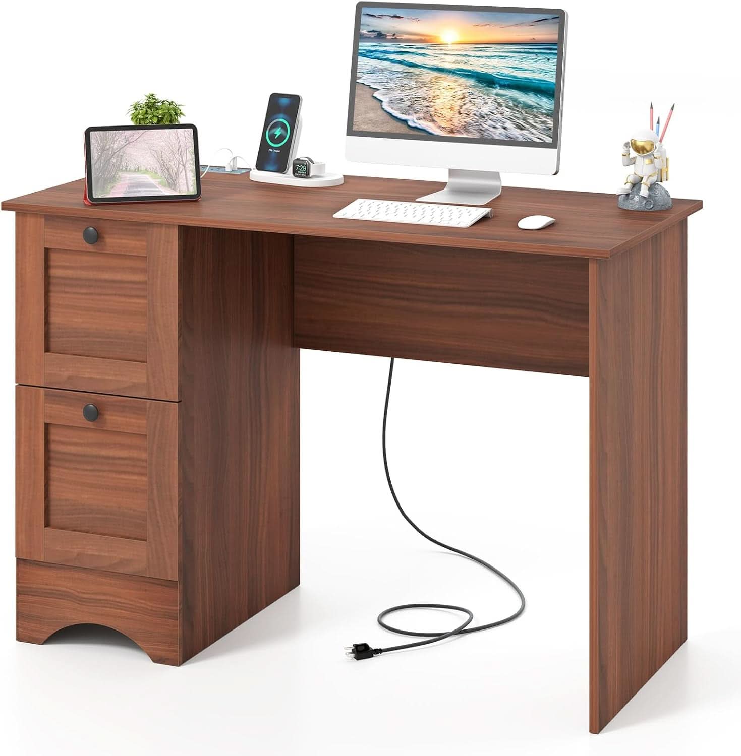 43 Inch Walnut Computer Desk With Charging Station