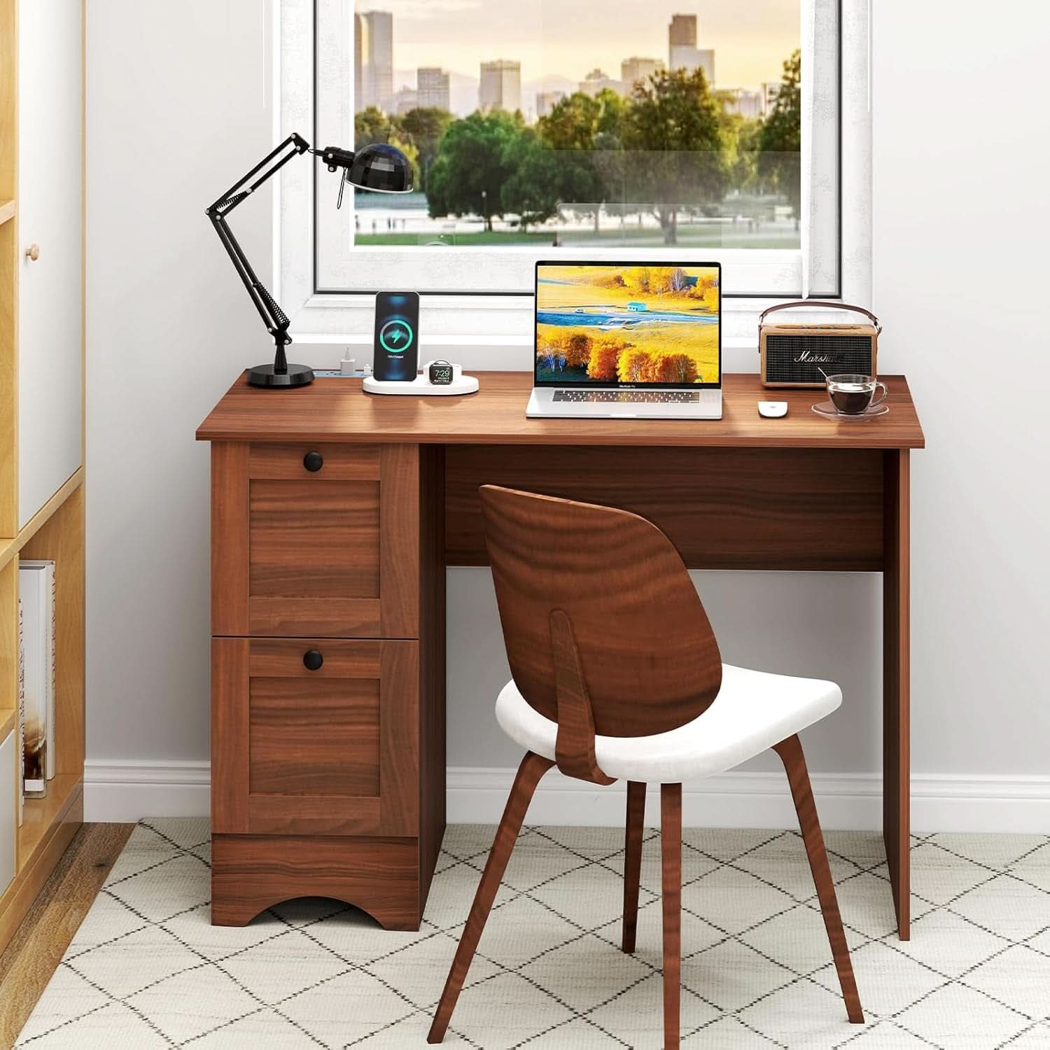 43 Inch Walnut Computer Desk With Charging Station