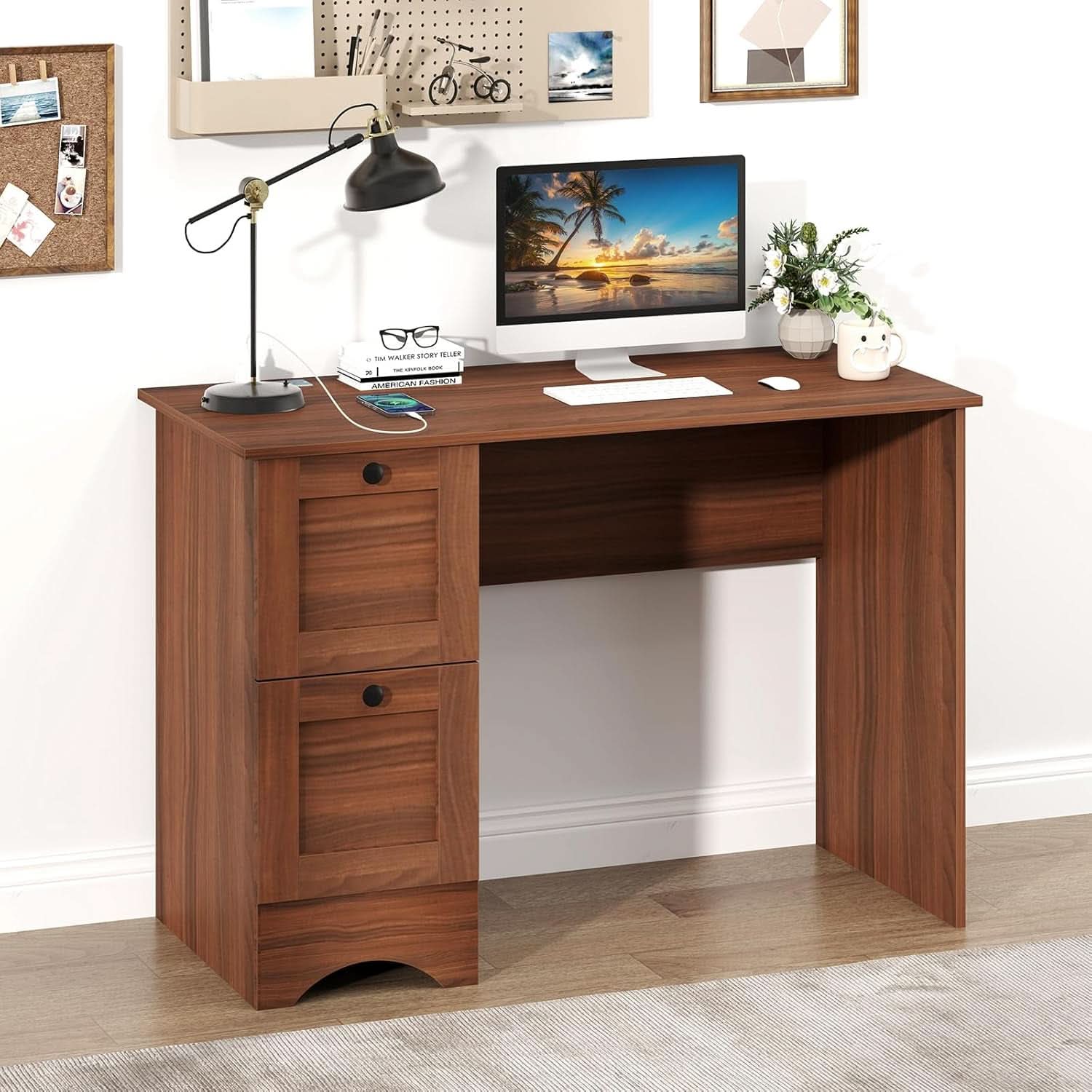 43 Inch Walnut Computer Desk With Charging Station