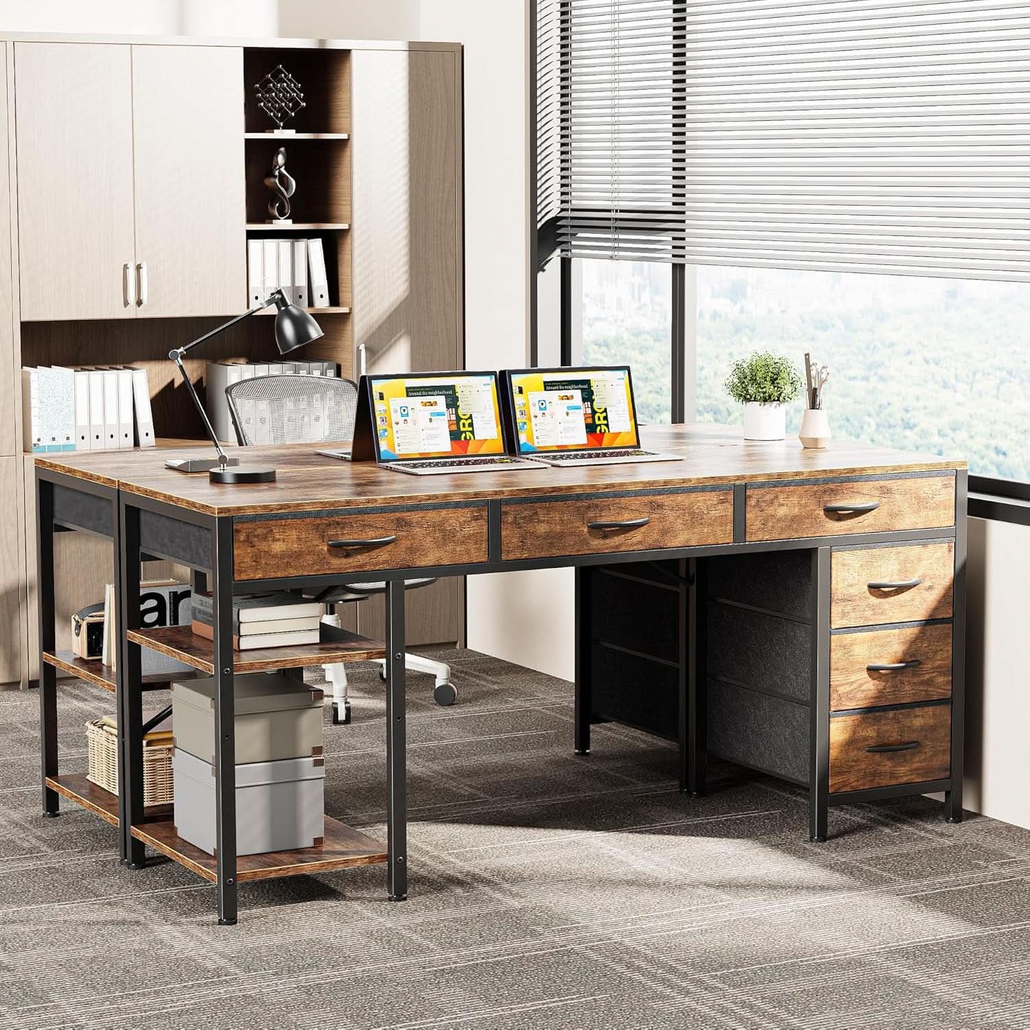 54 Inch Corner Computer Desk With 6 Drawers And Shelves Rustic Brown