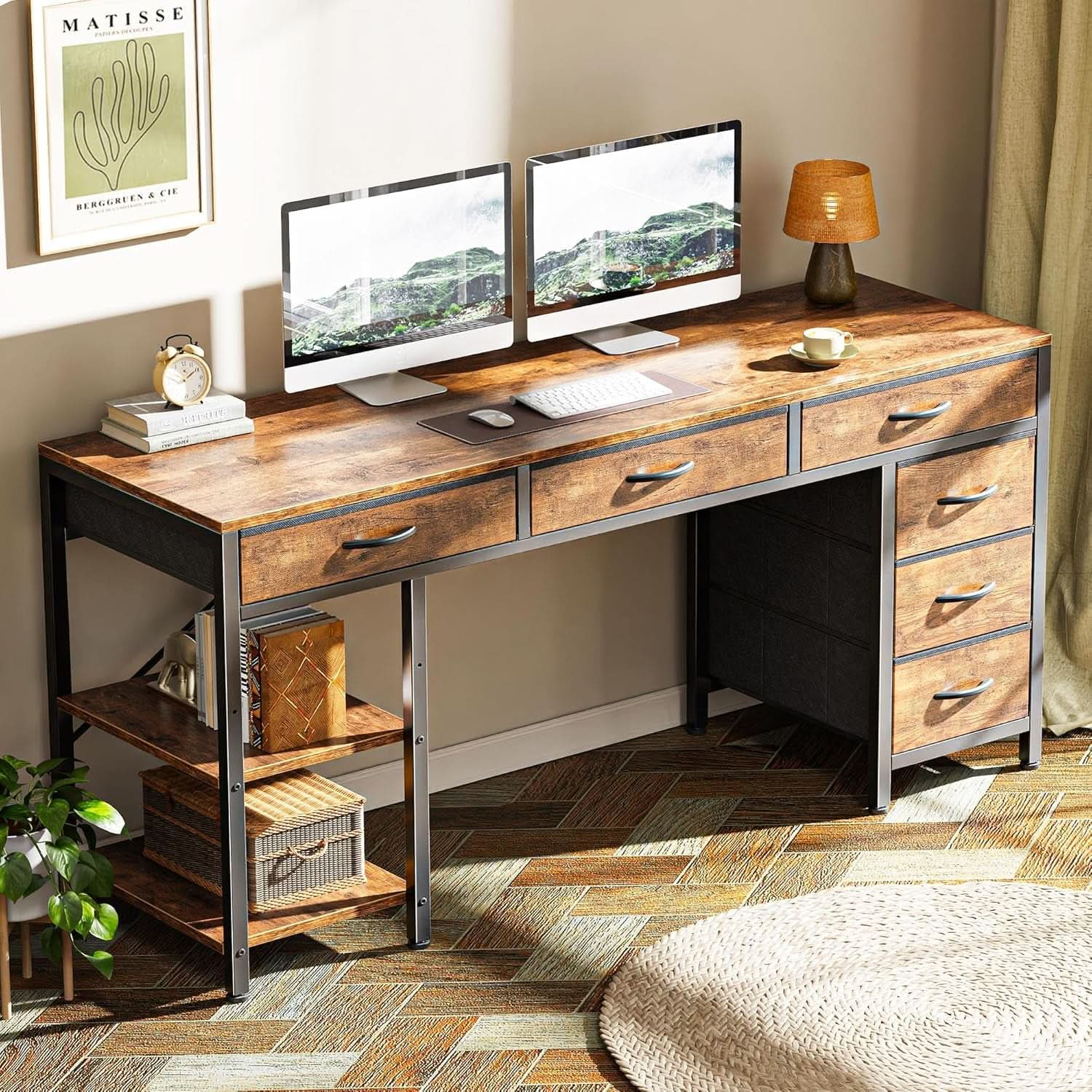 54 Inch Corner Computer Desk With 6 Drawers And Shelves Rustic Brown