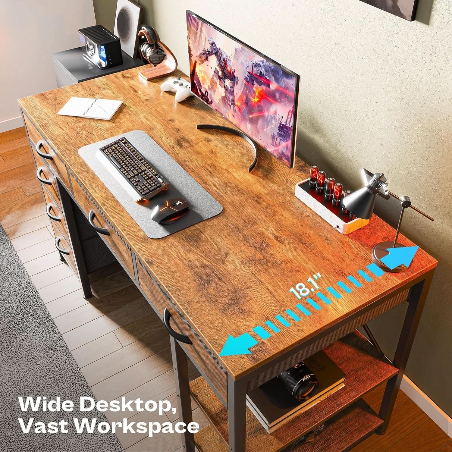 54 Inch Corner Computer Desk With 6 Drawers And Shelves Rustic Brown