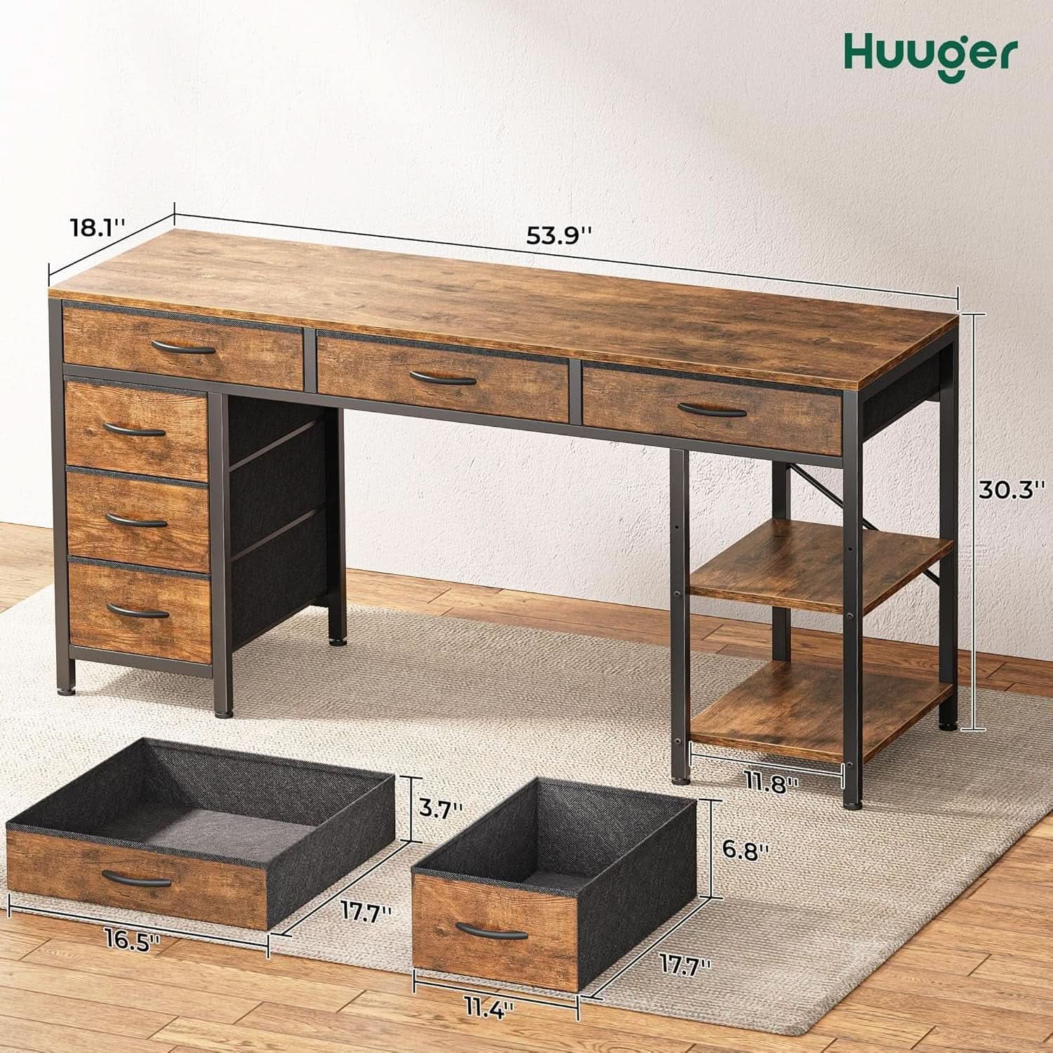 54 Inch Corner Computer Desk With 6 Drawers And Shelves Rustic Brown