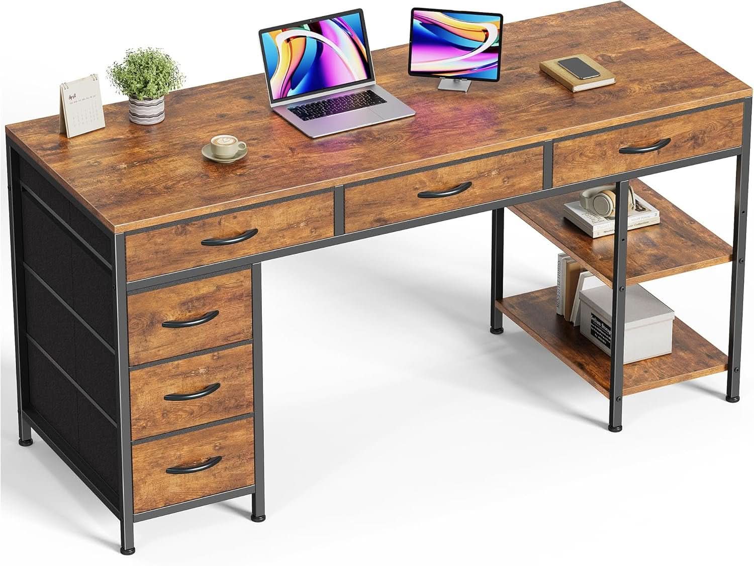 54 Inch Corner Computer Desk With 6 Drawers And Shelves Rustic Brown
