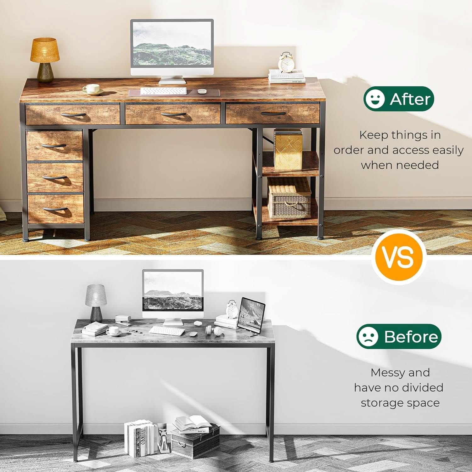 54 Inch Corner Computer Desk With 6 Drawers And Shelves Rustic Brown