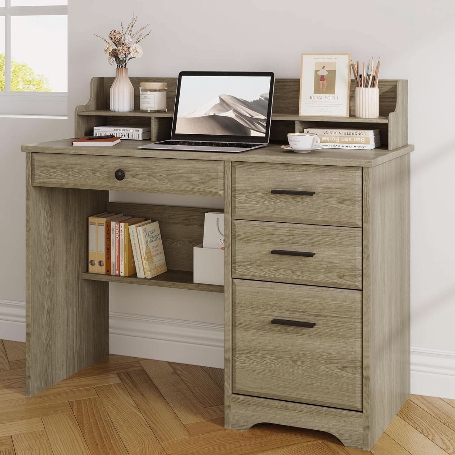 Grey Computer Desk With Drawers And Monitor Stand For Home Office