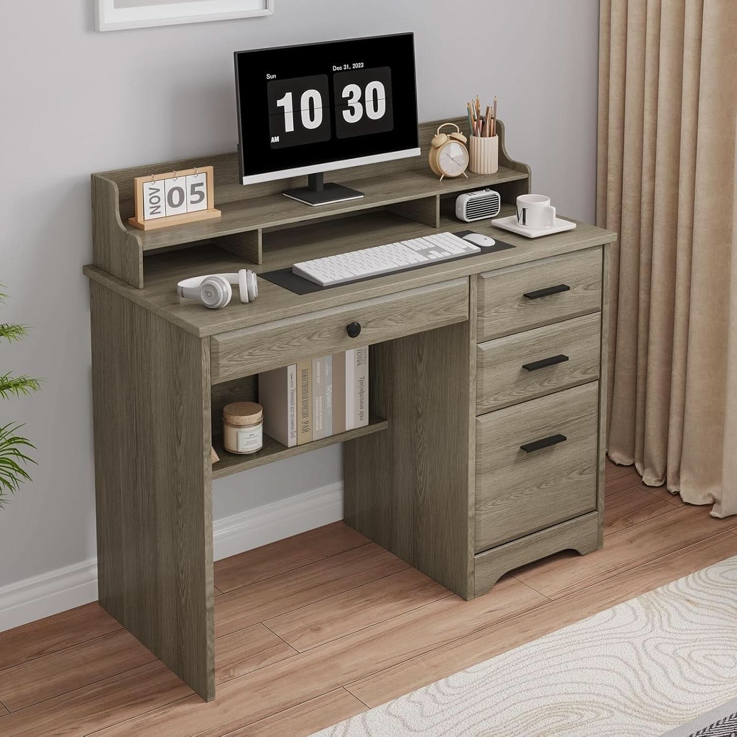 Grey Computer Desk With Drawers And Monitor Stand For Home Office
