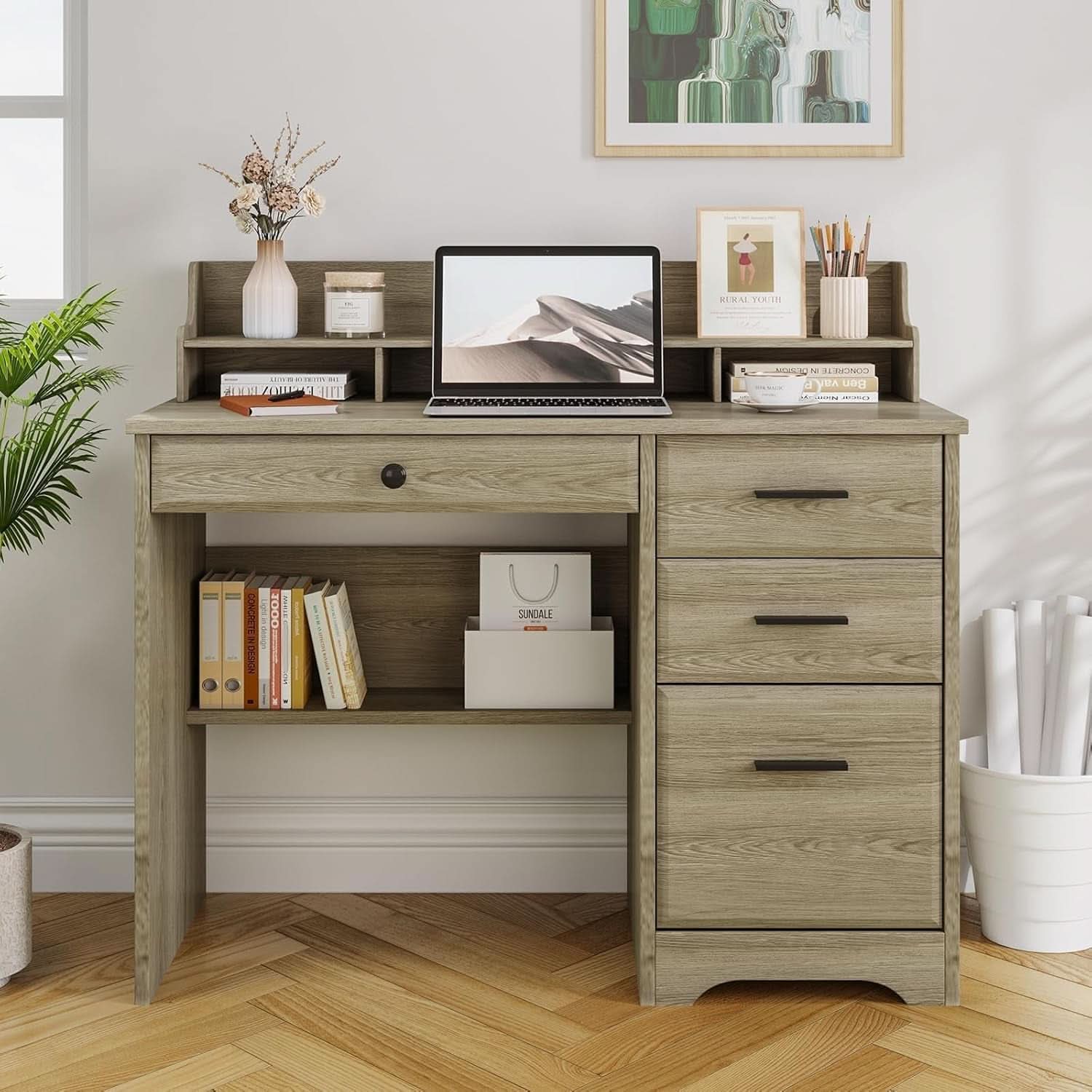 Grey Computer Desk With Drawers And Monitor Stand For Home Office