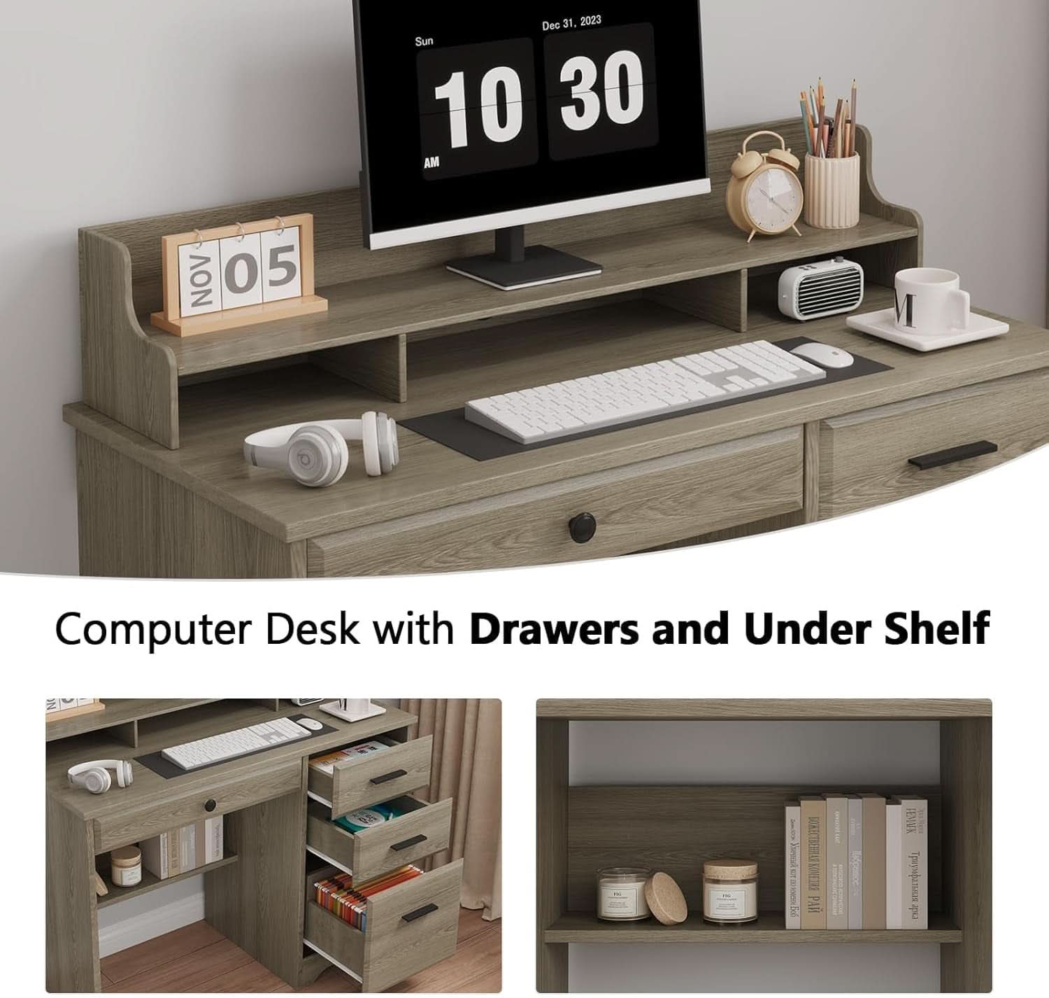 Grey Computer Desk With Drawers And Monitor Stand For Home Office