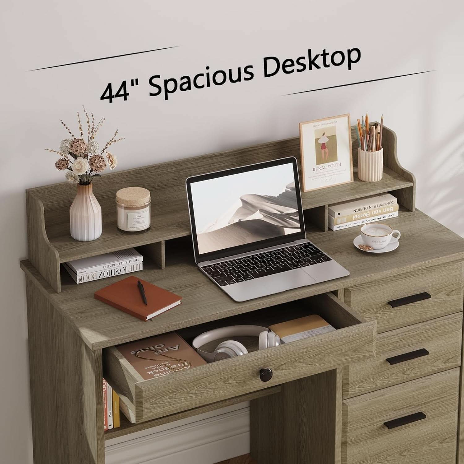 Grey Computer Desk With Drawers And Monitor Stand For Home Office