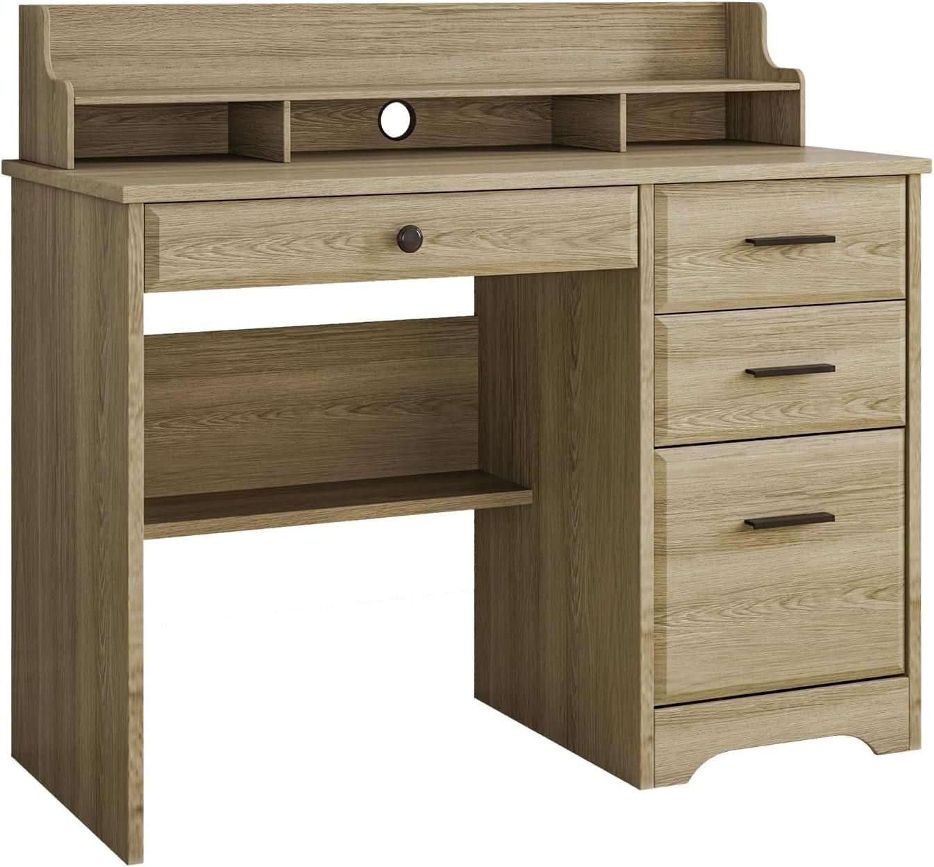 Grey Computer Desk With Drawers And Monitor Stand For Home Office
