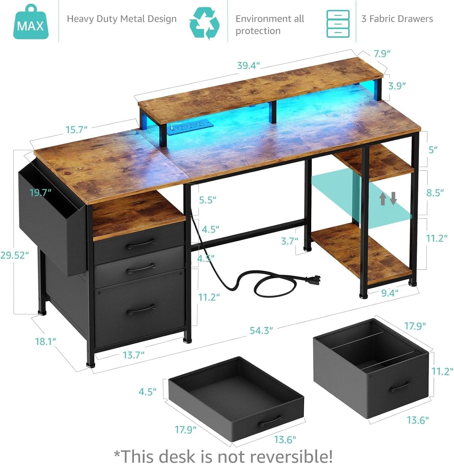 55 Inch Computer Desk With Power Outlets For Home Office