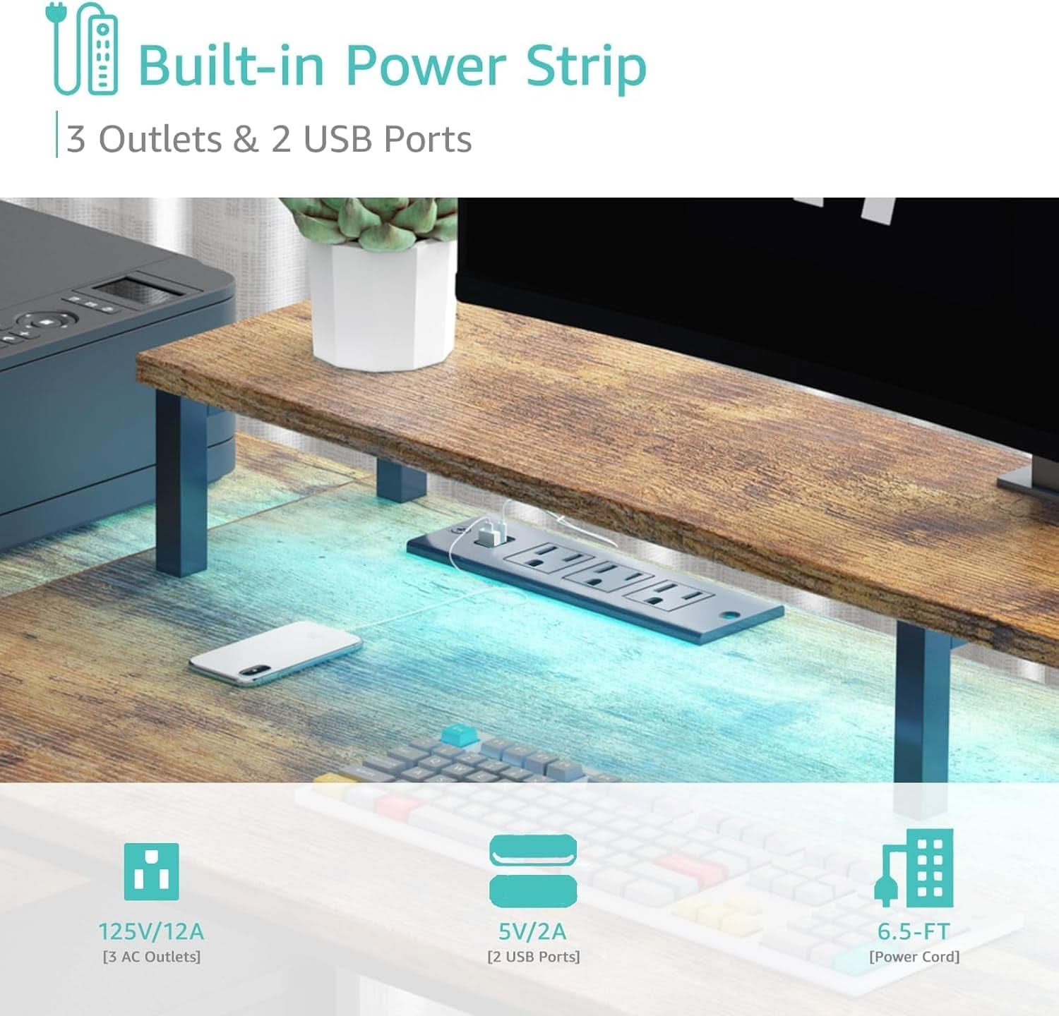 55 Inch Computer Desk With Power Outlets For Home Office
