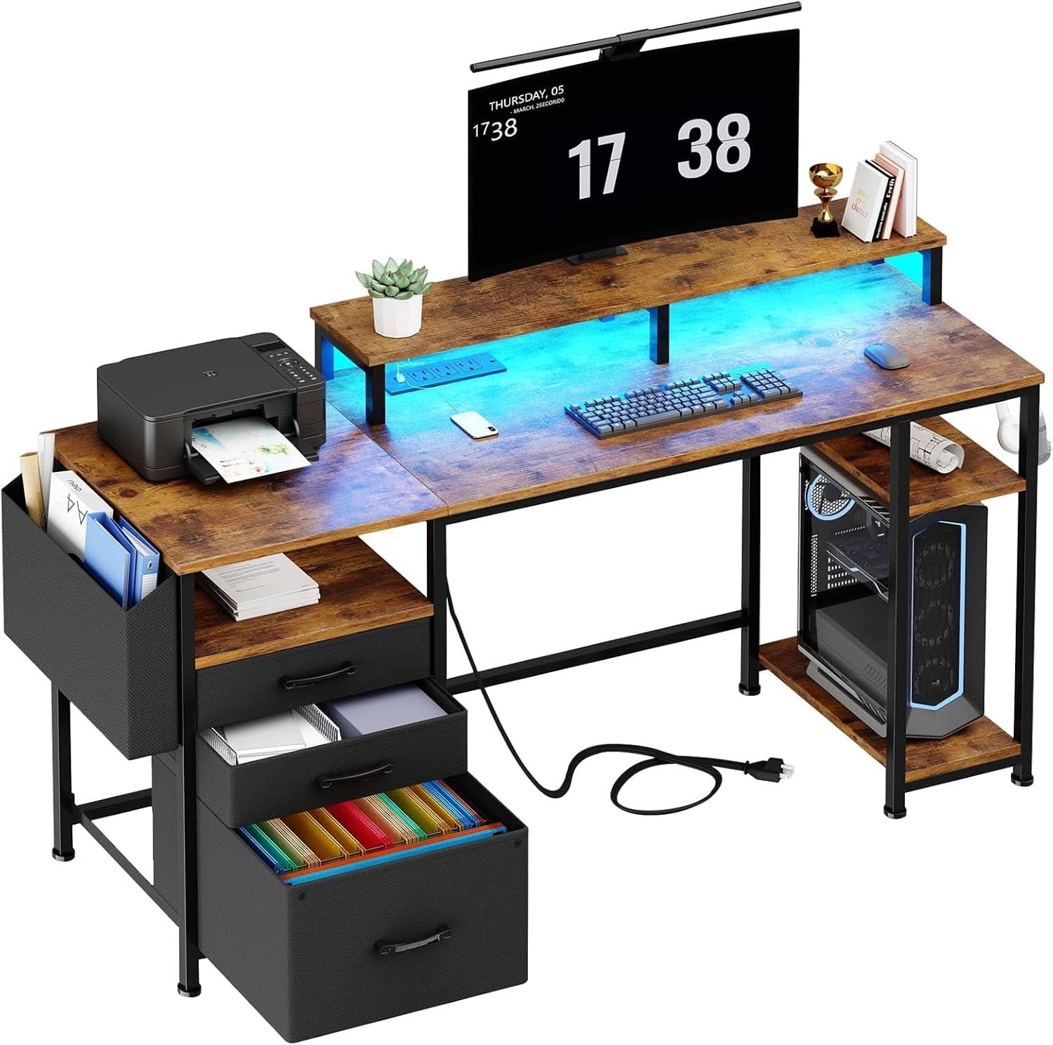 55 Inch Computer Desk With Power Outlets For Home Office