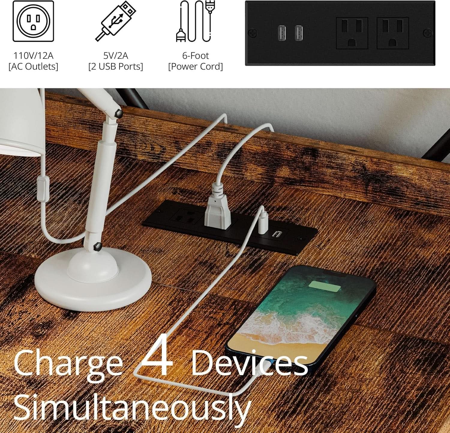 Computer Desk with Power Outlet and USB Charging Ports