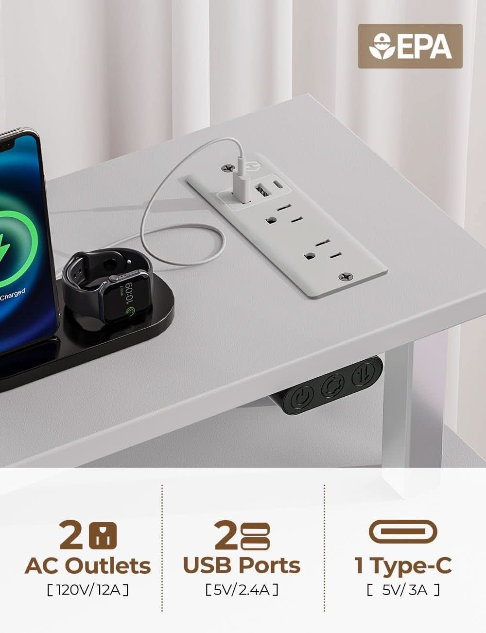 Computer Desk with Power Outlets and LED Light