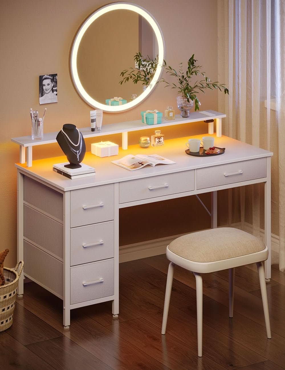Computer Desk with Power Outlets and LED Light