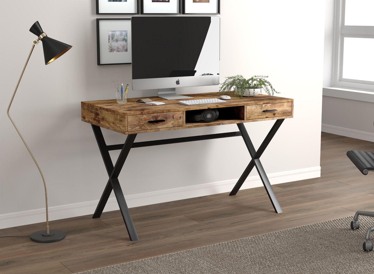 Computer Gaming Desk Brown Reclaimed Wood 2 Drawers 1 Shelf Black Metal