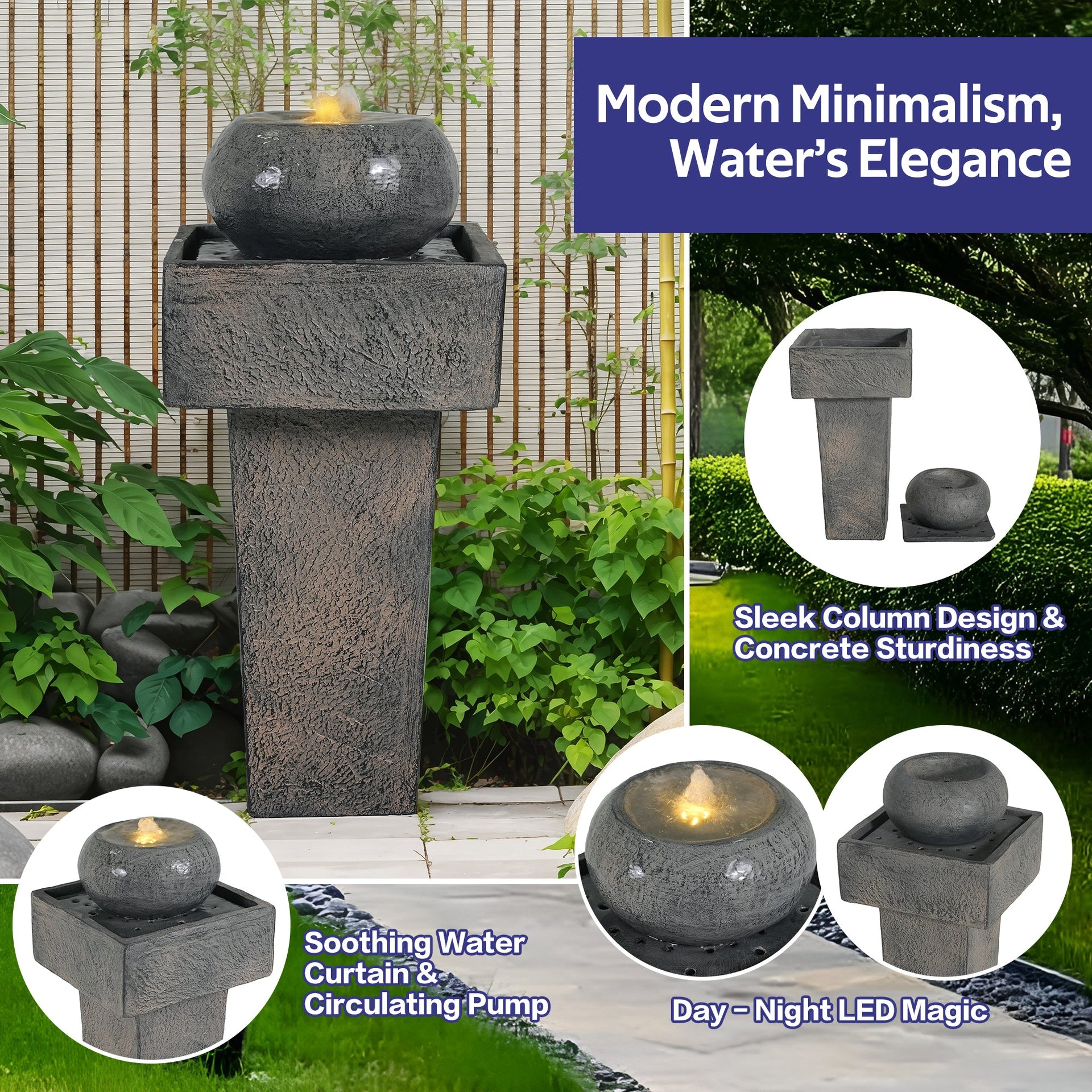 Concrete Orb Column Outdoor Water Fountain with LED