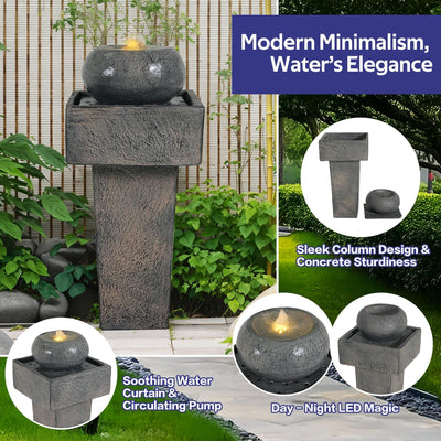 Concrete Orb Column Outdoor Water Fountain with LED