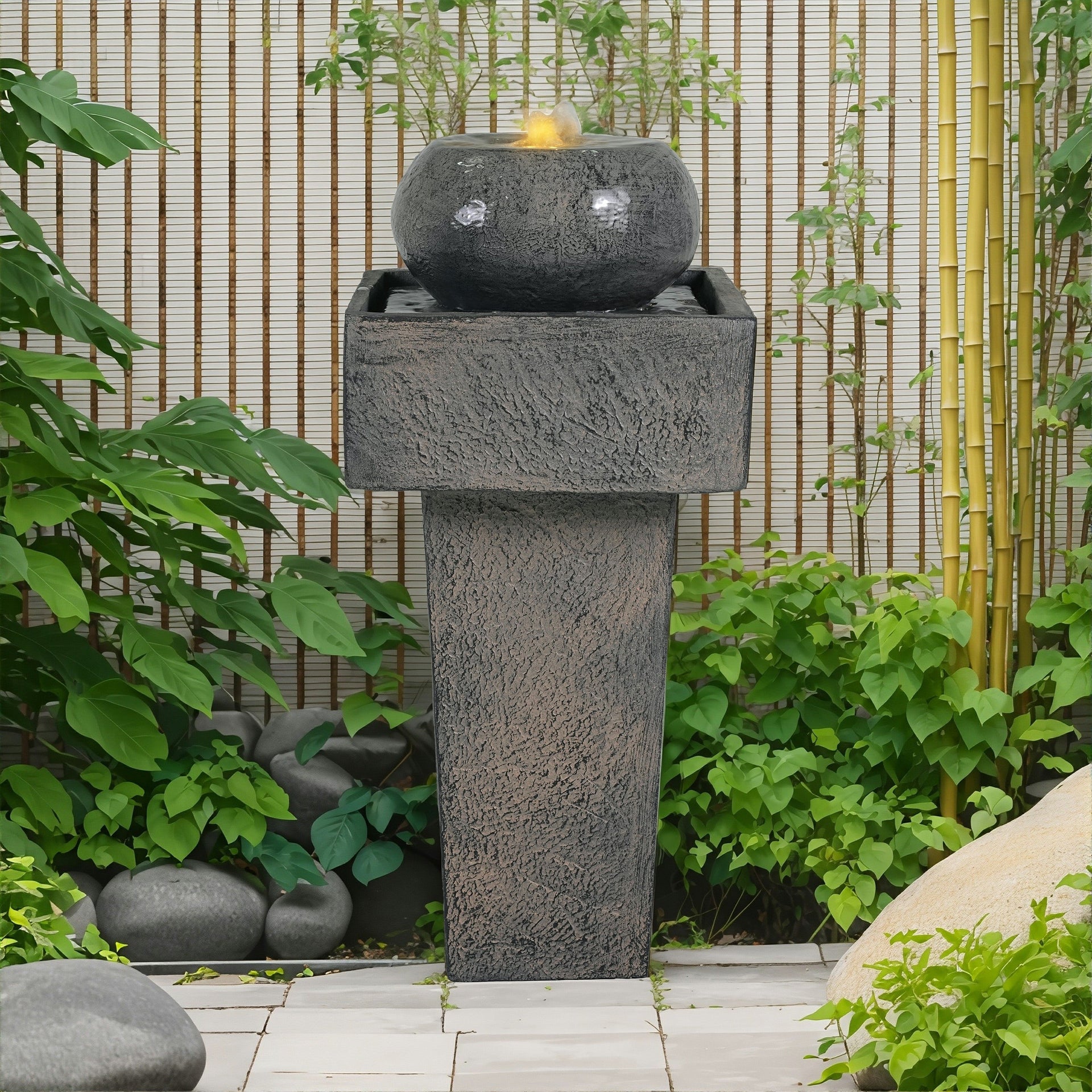 Concrete Orb Column Outdoor Water Fountain with LED