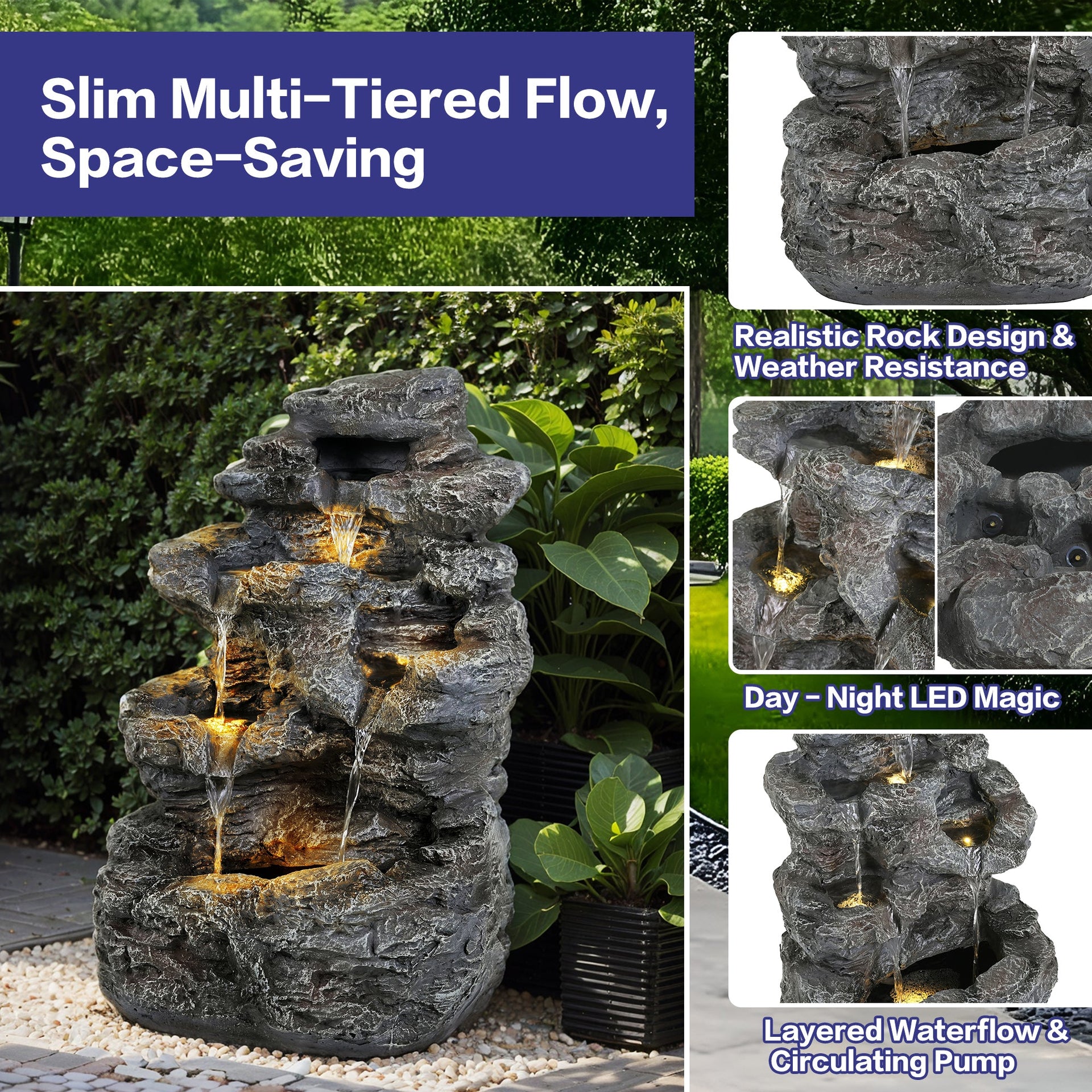 Concrete Rock Waterfall Fountain Outdoor with LED 5 Tier