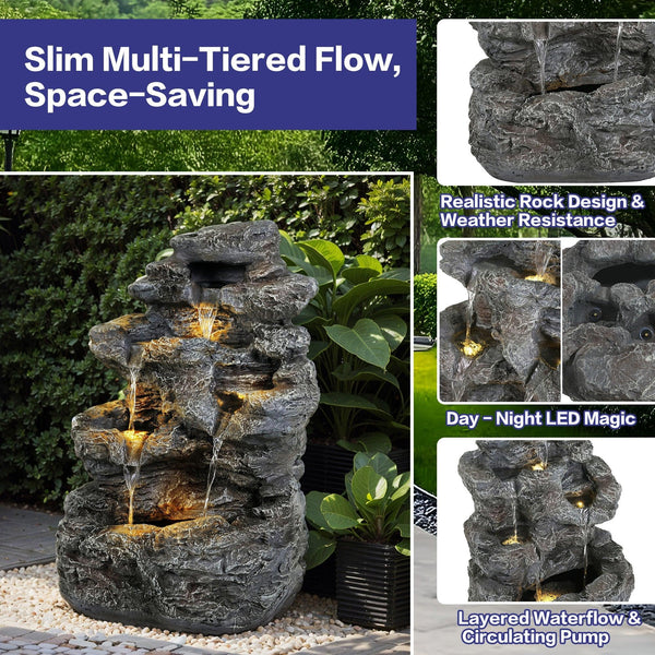 Concrete Rock Waterfall Fountain Outdoor with LED 5 Tier