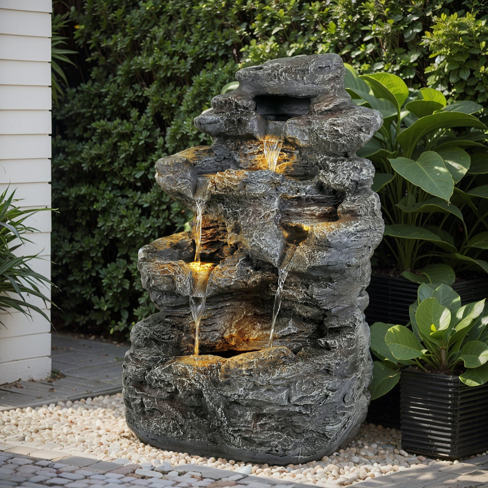 Concrete Rock Waterfall Fountain Outdoor with LED 5 Tier