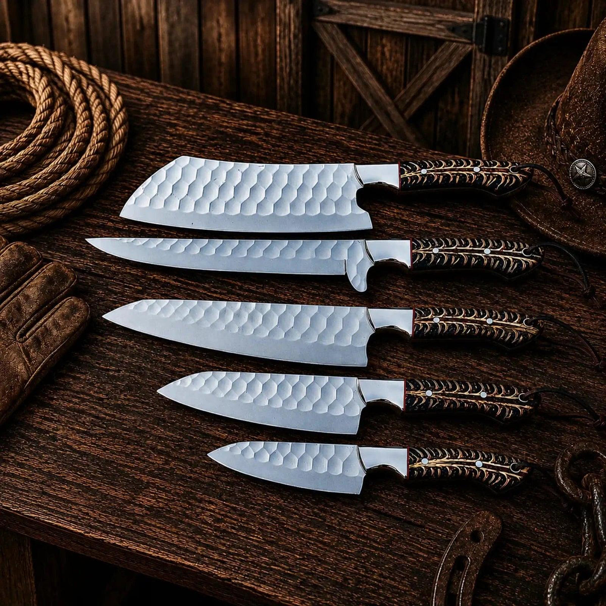 Cone Back Handles D2 Steel Chef Knife Set with Leather Roll Kit