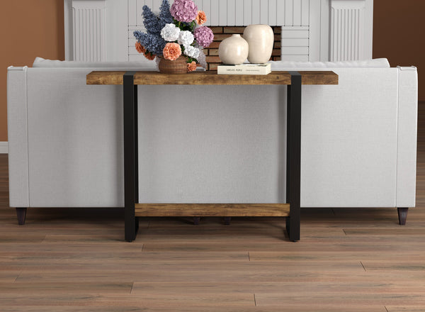 Console Sofa Table Brown Reclaimed Wood 1 Shelf Black Metal Base