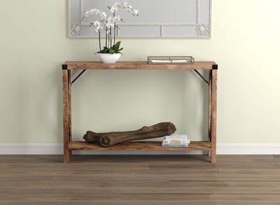 Console Sofa Table Brown Reclaimed Wood 1 Shelf Metal Sides