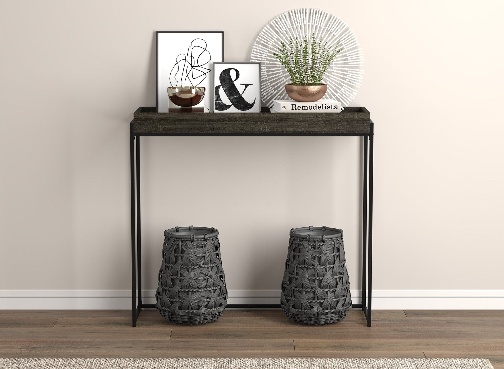 Console Sofa Table Dark Grey Sunken Tray Top