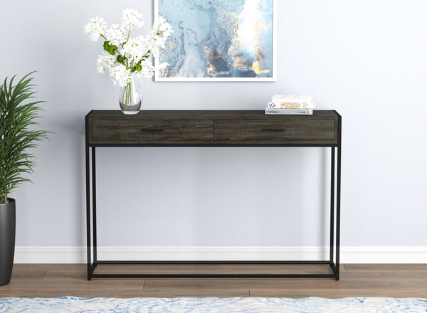 Console Sofa Table Dark Grey Wood Look 2 Drawers Black Metal Base