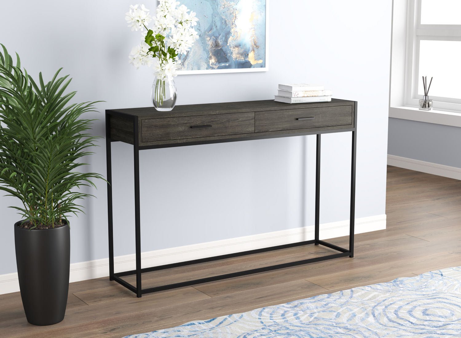 Console Sofa Table Dark Grey Wood Look 2 Drawers Black Metal Base