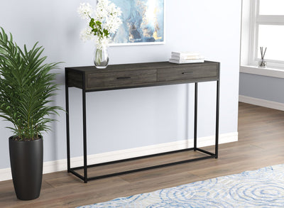 Console Sofa Table Dark Grey Wood Look 2 Drawers Black Metal Base