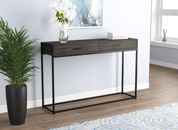 Console Sofa Table Dark Grey Wood Look 2 Drawers Black Metal Base