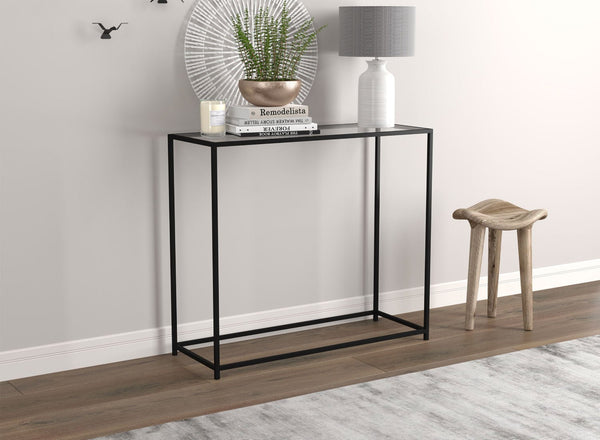 Console Sofa Table Glass Top Black Metal Base