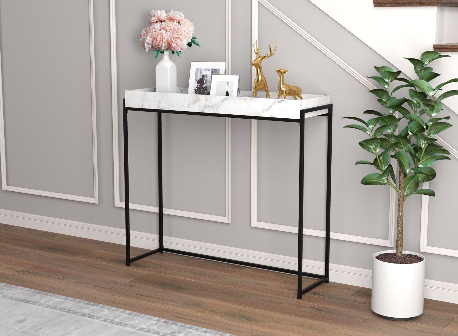 Console Sofa Table Marble Look Sunken Tray