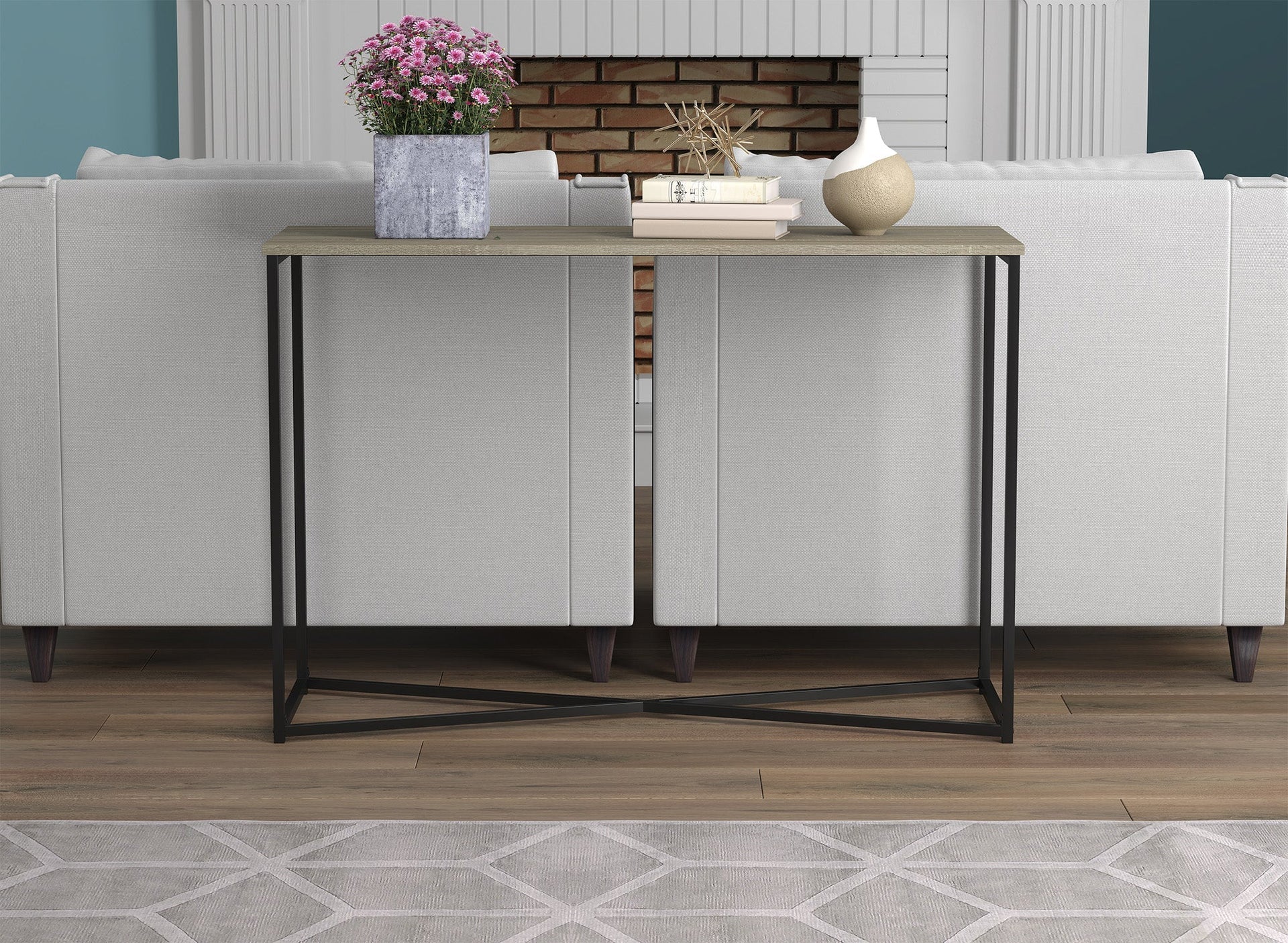 Console Sofa Table with Dark Taupe Top and Black Metal Base