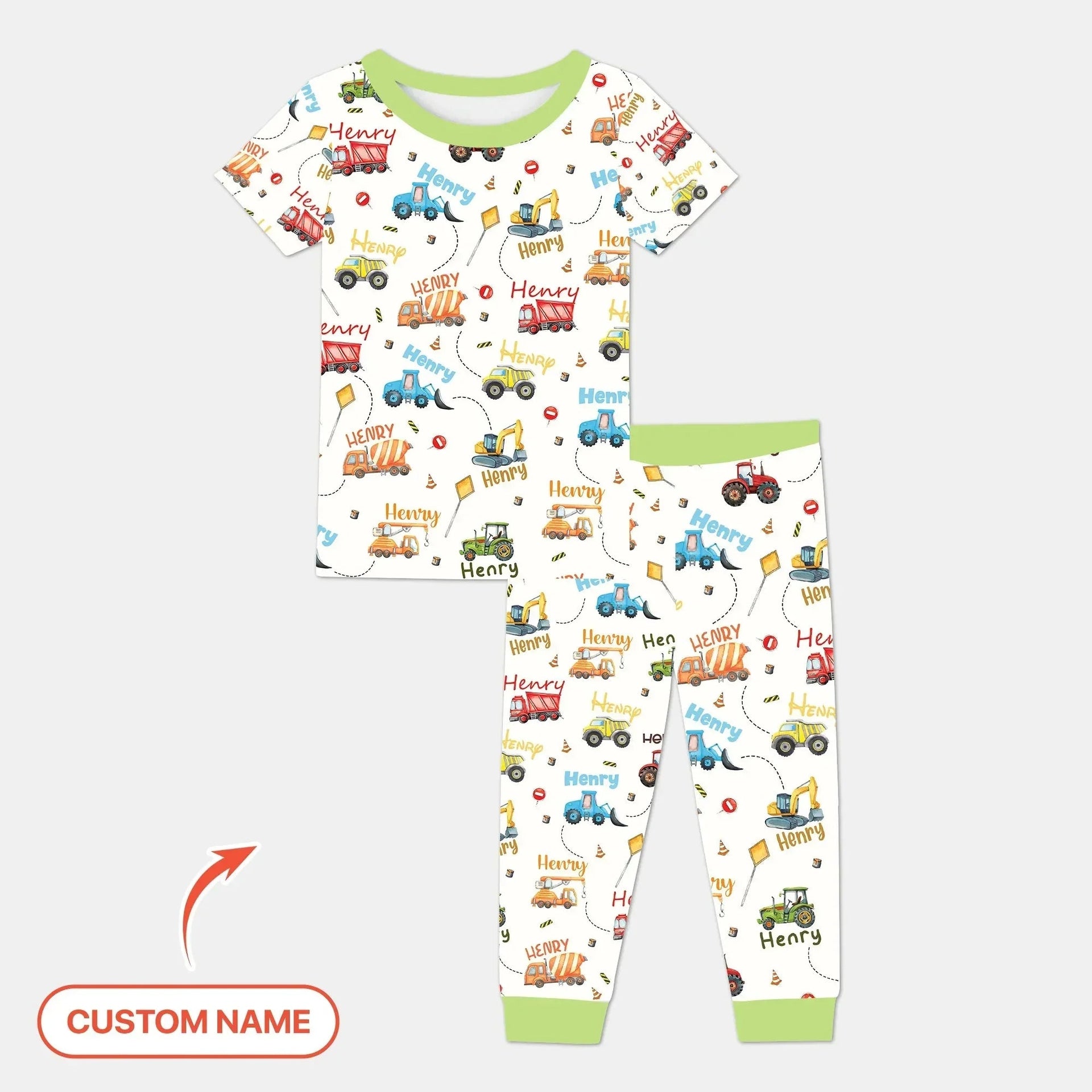 Construction Vehicles Custom Name Bamboo Two Piece Short Sleeve Pajama Set