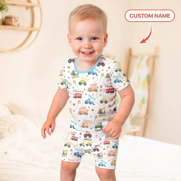 Construction Vehicles Custom Name Bamboo Two Piece Short Sleeve Shorts Pajama Set