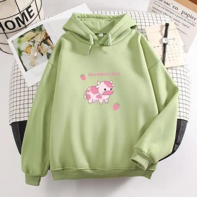 Cool Cow Print Hoodie Strawberry Casual Pullover Oversized Sweatshirt Pullover Sweatshirts for Women Cute Strawberry Cow Print Hoodie Casual Top Aesthetic Clothes For Women Funny Hoodies