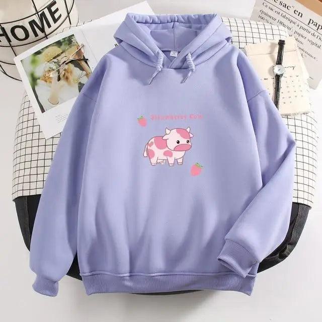 Cool Cow Print Hoodie Strawberry Casual Pullover Oversized Sweatshirt Pullover Sweatshirts for Women Cute Strawberry Cow Print Hoodie Casual Top Aesthetic Clothes For Women Funny Hoodies