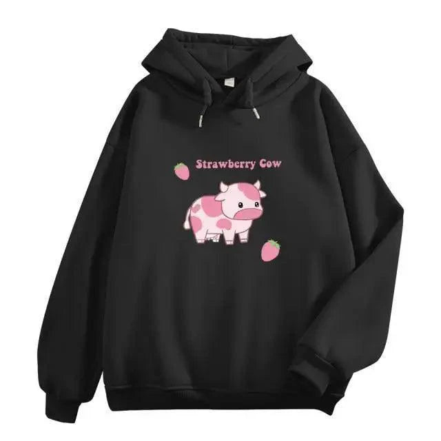 Cool Cow Print Hoodie Strawberry Casual Pullover Oversized Sweatshirt Pullover Sweatshirts for Women Cute Strawberry Cow Print Hoodie Casual Top Aesthetic Clothes For Women Funny Hoodies