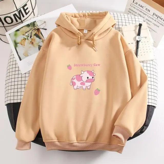 Cool Cow Print Hoodie Strawberry Casual Pullover Oversized Sweatshirt Pullover Sweatshirts for Women Cute Strawberry Cow Print Hoodie Casual Top Aesthetic Clothes For Women Funny Hoodies