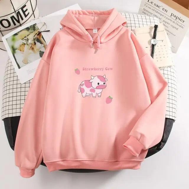 Cool Cow Print Hoodie Strawberry Casual Pullover Oversized Sweatshirt Pullover Sweatshirts for Women Cute Strawberry Cow Print Hoodie Casual Top Aesthetic Clothes For Women Funny Hoodies