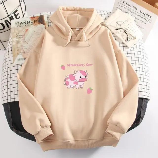 Cool Cow Print Hoodie Strawberry Casual Pullover Oversized Sweatshirt Pullover Sweatshirts for Women Cute Strawberry Cow Print Hoodie Casual Top Aesthetic Clothes For Women Funny Hoodies