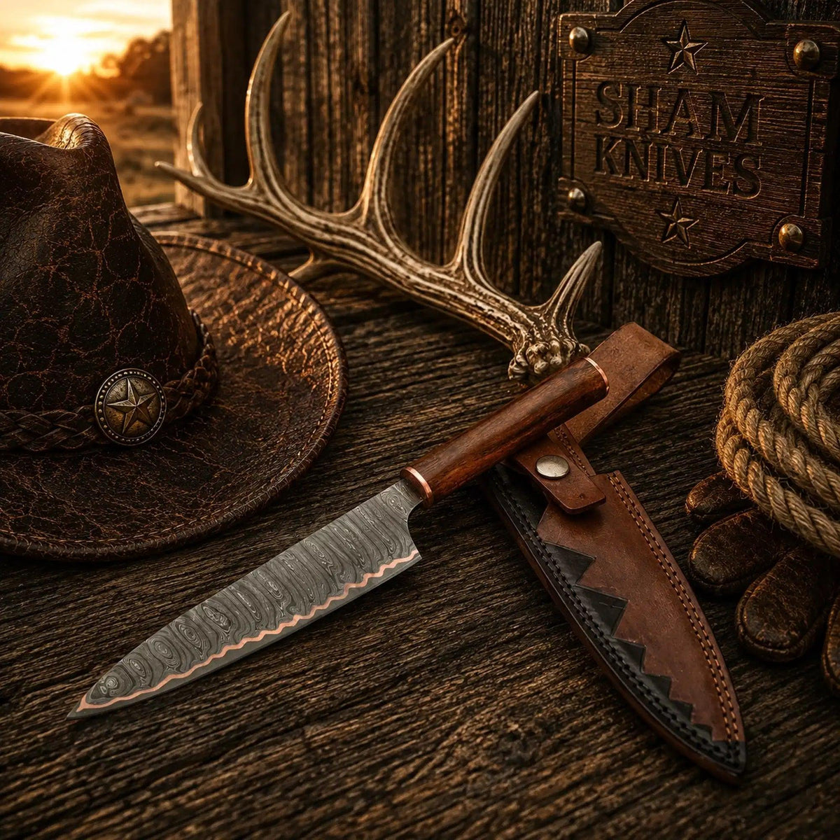 13.5″ Copper Damascus Chef Knife – Rosewood Handle & Sheath